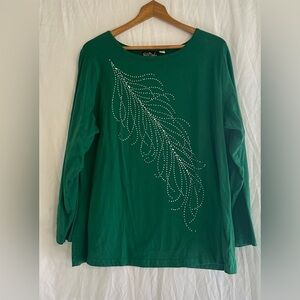 Bob Moche Wearable Art Women’s Long Sleeve Green Pullover Top size 1X Sequins